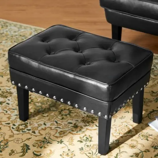 Glitzhome&reg; Mid-Century Modern Leatherette Button-Tufted Accent Stool Black {8}