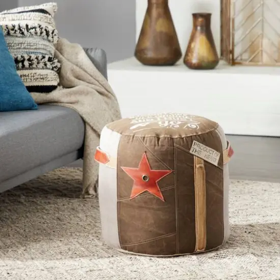 Brown Canvas and Leather Rustic Pouf, 19" x 17" x 17" {11}