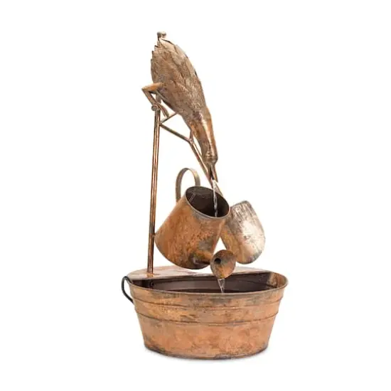 33" Brown Rustic Metal Fountain with Duck & Watering Can {5}
