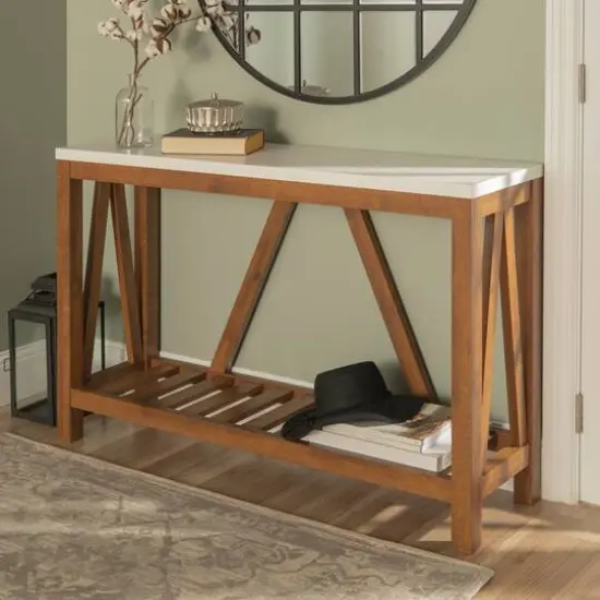 Walker Edison Faux White Marble/Walnut Rustic A-Frame Entry Table {3}