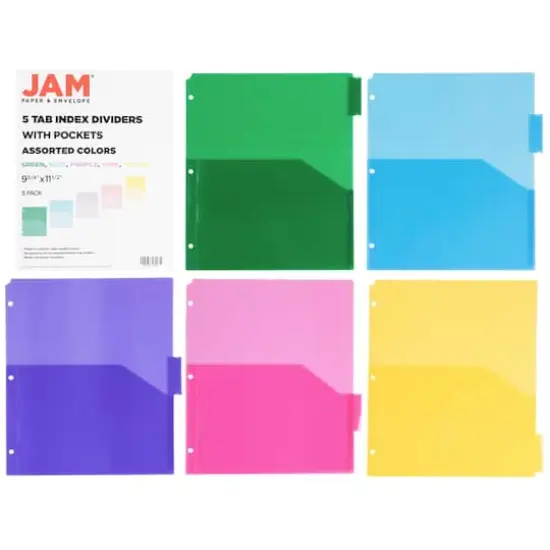 JAM Paper 9.75" x 11.5" 5-Tab Plastic Index Tab Dividers with Double Pockets {3}