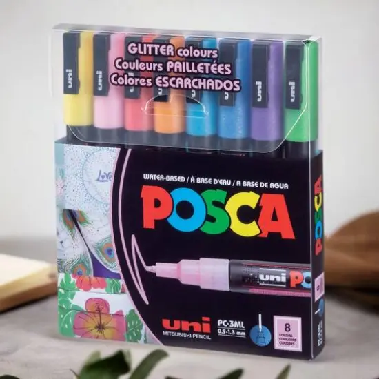 Uni POSCA PC-3M 8 Color Fine Tip Glitter Paint Marker Set {10}