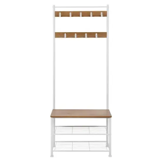 Honey Can Do White & Walnut Entryway Hall Tree with Bench & Shoe Storage {9}