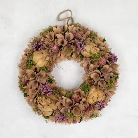 12" Purple & Beige Wooden Floral & Preserved Artichoke Wreath {4}