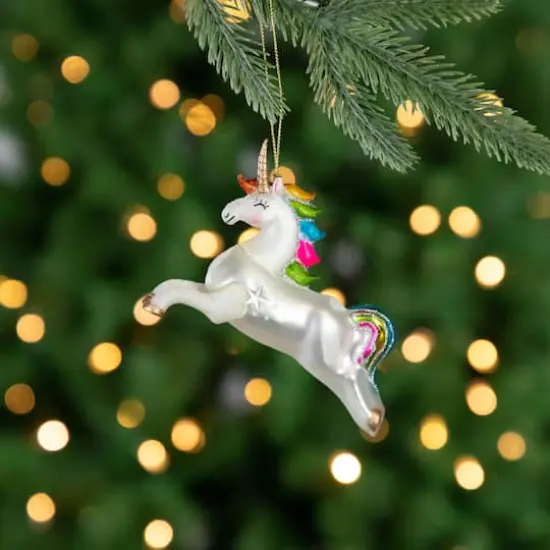 White Unicorn with Rainbow Mane Glittered Christmas Glass Ornament {3}