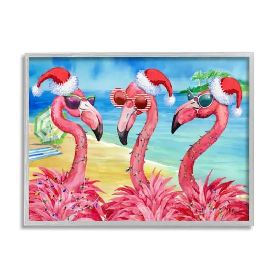 Stupell Industries Holiday Lights Flamingos Beach Framed Giclee Art Gray {1}