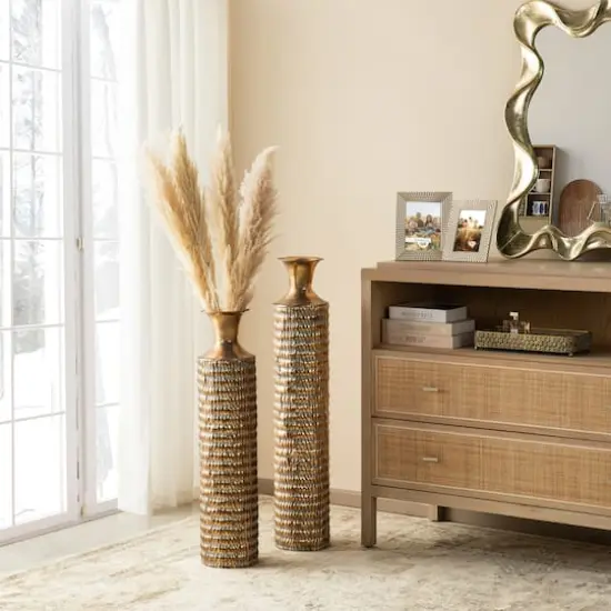 Glitzhome&reg;Gold Embossed Verdigris Metal Floor Vases Set {3}