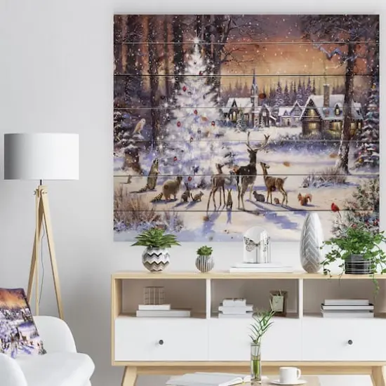 Designart Christmas Woods with Deer, Buck & Owl Print on Pine Wood {5}