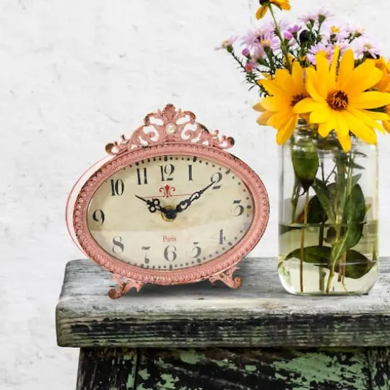 Hello Honey&reg; 6.5" Distressed Pewter Mantel Clock Pink {4}