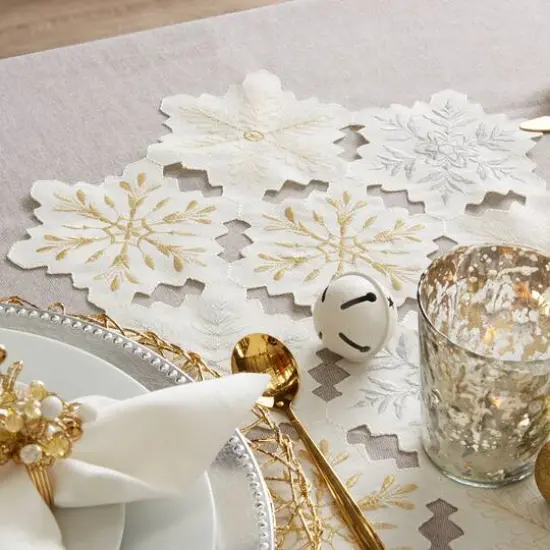 DII® 54" White and Gold Embroidered Snowflakes Table Runner {10}