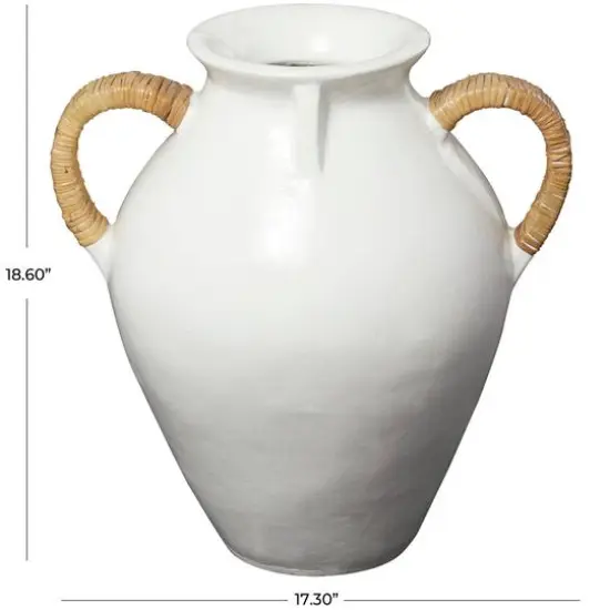 19" White Ceramic Jug Inspired Vase with Rattan Wrapped Handles {7}