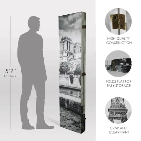 American Art Decor&trade; 6ft. Double-Sided 4-Panel Black and White Eiffel Tower & Notre Dame Bike Canvas Room Divider {7}