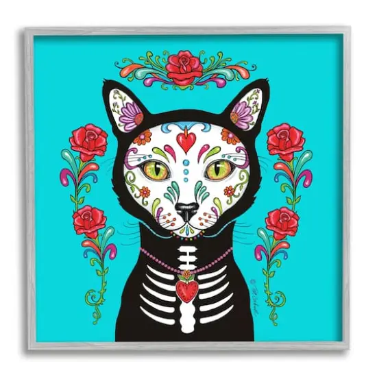 Stupell Industries Day of Dead Cat Portrait Framed Giclee Art Gray {1}