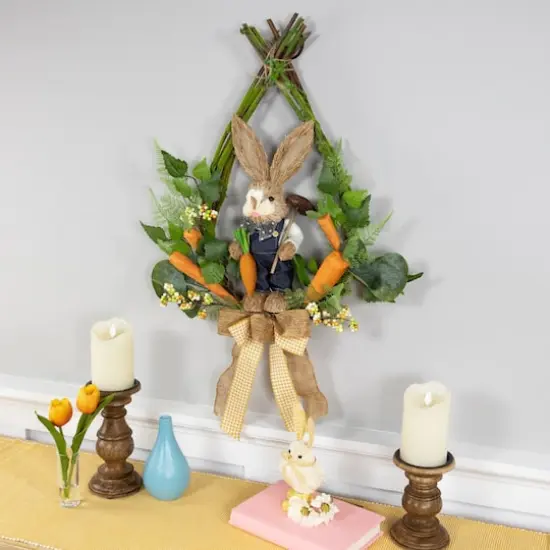 22" Green & Orange Farmer Bunny Moss Vines Teardrop Easter Wreath {3}