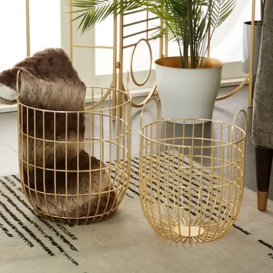 Set of 2 Gold Iron Contemporary Storage Baskets, 17" x 11" x 11" {8}