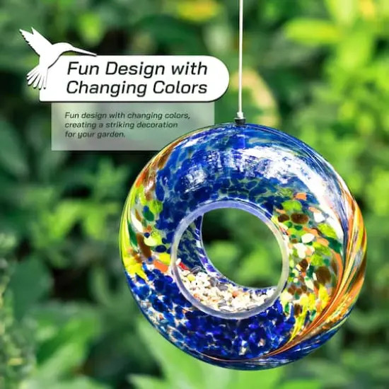 Glitzhome&reg; 7.75" Multicolor Glass Round Hanging Bird Feeder {4}