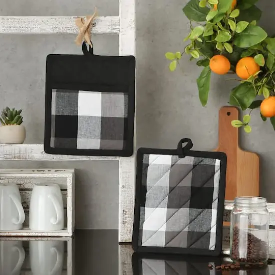 DII&reg; Tri Color Check Potholder Set Black {6}