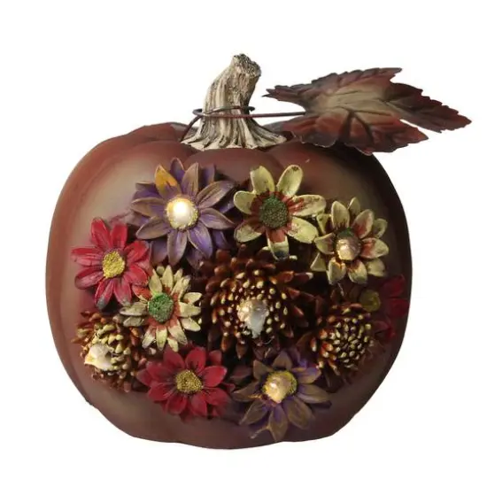 7.5" Brown Solar Powered Floral Pumpkin Outdoor Decoration {1}