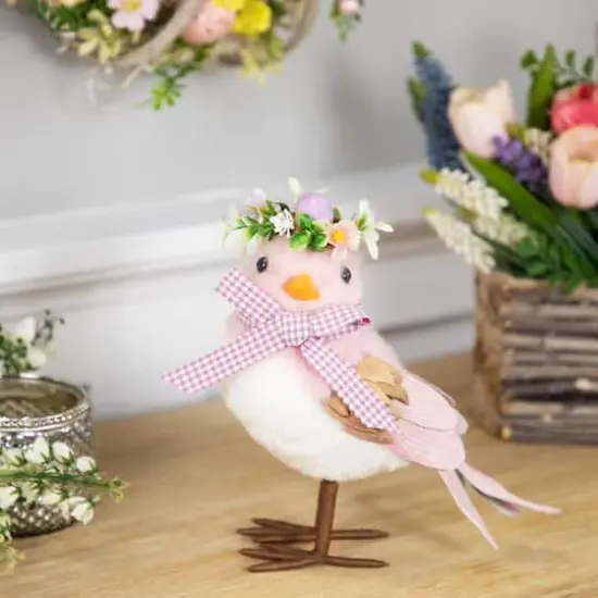 7.75" Pink Plush Bird Easter Accent with Gingham Bow {3}
