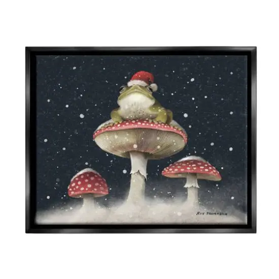 Stupell Industries Frog In Santa Hat Snowy Mushrooms Framed Floater Canvas Wall Art Black {1}