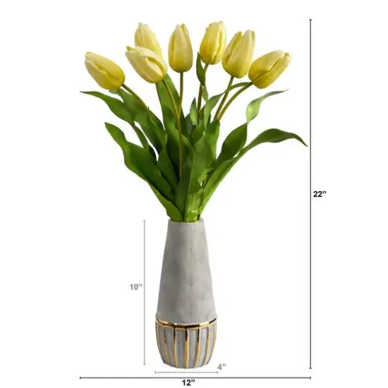 22" Yellow Dutch Tulip Arrangement in Gold Trim Stoneware Vase {3}