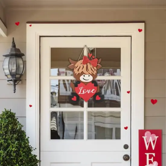 Glitzhome&reg; 18" Valentine's Wooden Highland Cow Door Hanger {7}