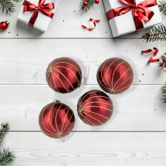 4ct. 3" Burgundy Red and Gold Glitter Striped Glass Christmas Ball Ornaments {3}