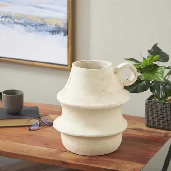 14" Cream Paper Mache Fluted Vase with Ring Handle {3}