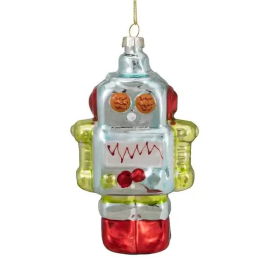 Silver & Green Robot Hanging Glass Christmas Ornament {1}