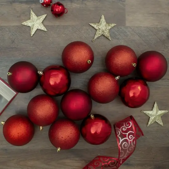 12ct. 4" Red Shatterproof 4-Finish Christmas Ball Ornaments {5}