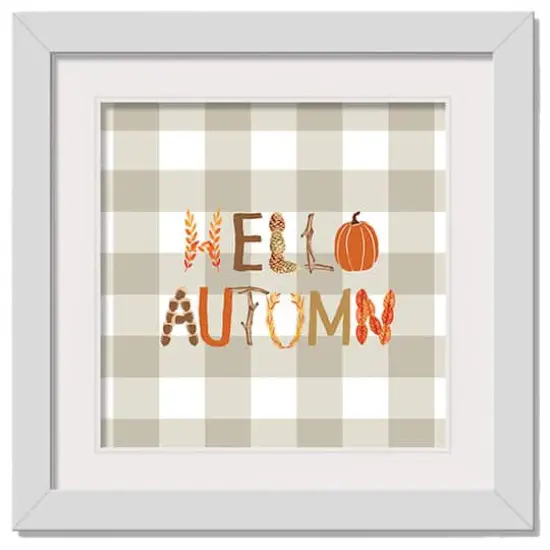Hello Autumn Buffalo Check White Framed Print Wall Art {1}