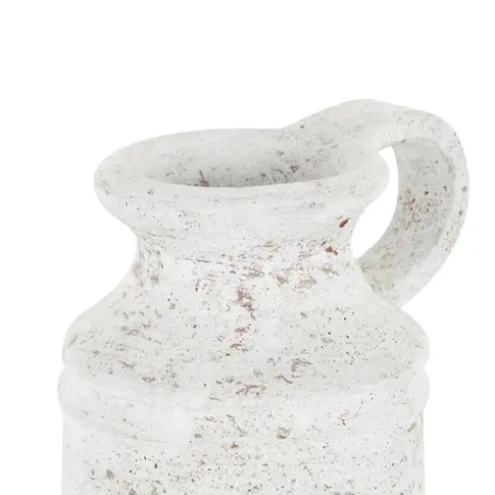 10" White Ceramic Antique Style Textured Vase with Terracotta Accents and Ring Handle {7}