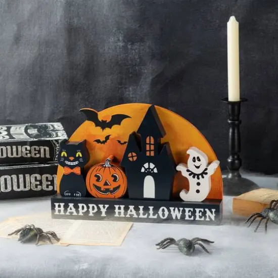 Glitzhome&reg; 12"L HAPPY HALLLOWEEN Wooden Table Block Set {5}