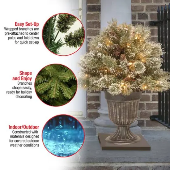 24" Glittery Bristle® Pine Porch Bush in Dark Bronze Plastic Urn with White Tipped Cones {7}