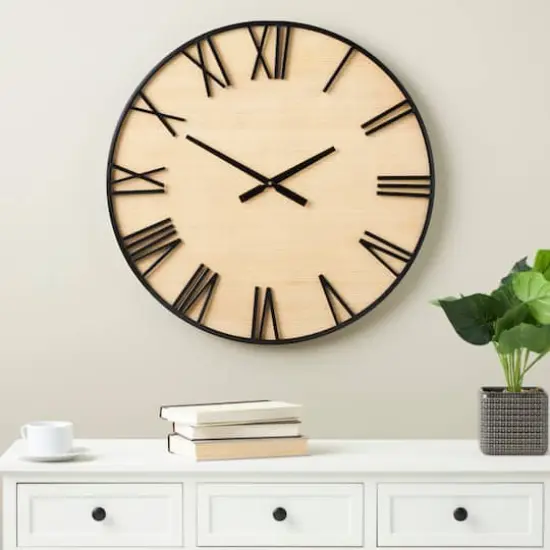 28" Light Brown Wall Clock with Black Metal Frame {3}