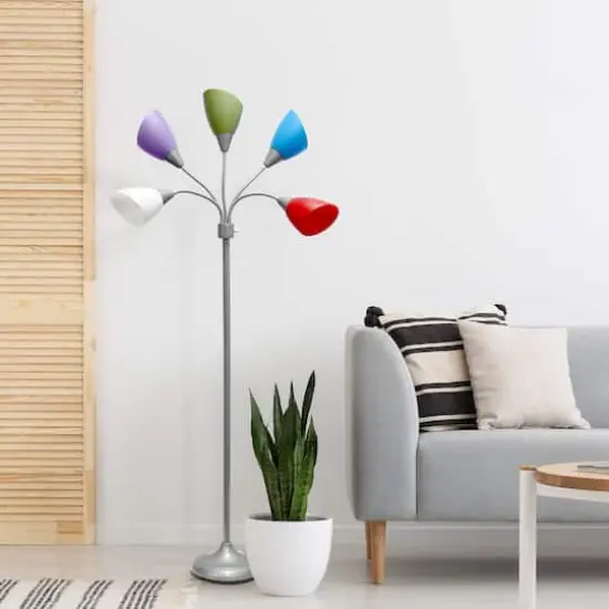 Simple Designs™ 5.6ft. 5-Light Gooseneck Silver Floor Lamp Primary Multicolored Shades {6}