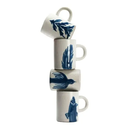 Hello Honey&reg; 12oz. Antique White and Blue Farmhouse Hand Painted Stoneware Mugs Set with Painted Flora and Fauna {4}