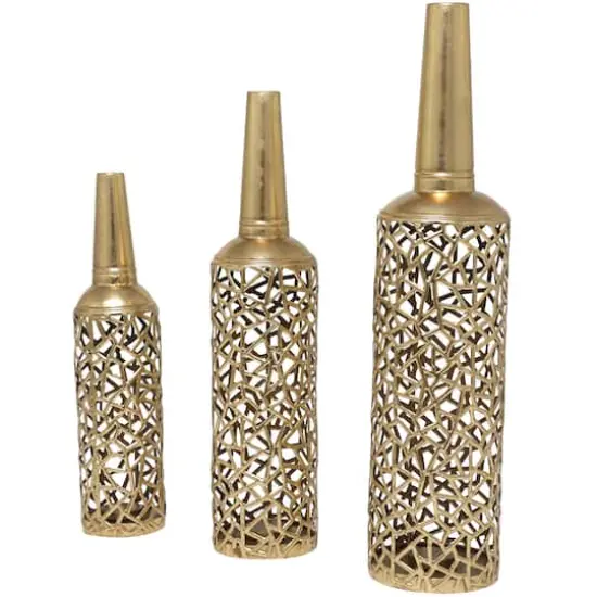 Gold Metal Abstract Patterned Vase with Open Frame Design Set {3}
