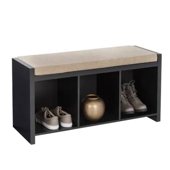 Honey Can Do Black 3-Cube Storage Bench with Cushion and Cubby Holes {1}