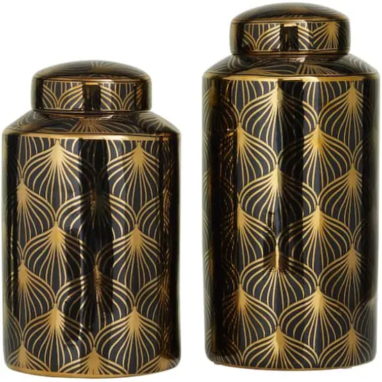 Black & Gold Ceramic Floral Decorative Jars Set {5}