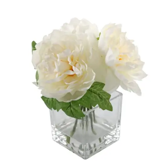 Flora Bunda&reg; 9" Cream White Tall Silk Peony Arrangement In Glass Pot {1}