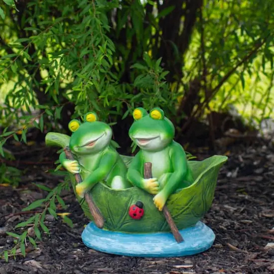 10" Green Frogs in a Lily Pad Outdoor Garden Statue {3}