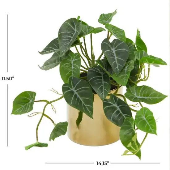 14" Green Faux Foliage Pothos Artificial Plant With Gold Porcelain Pot {6}