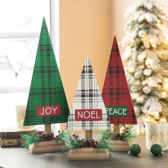 Glitzhome&reg; Christmas Plaid Table Tree Set {4}