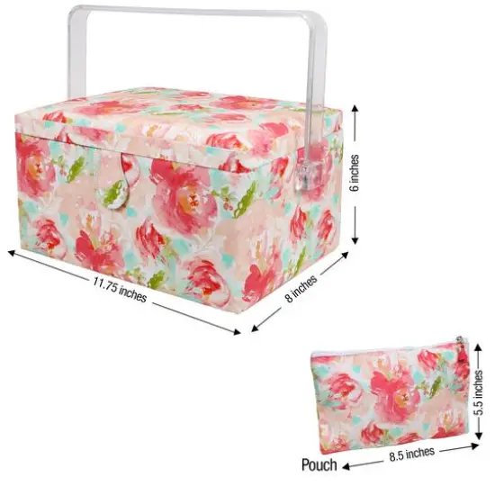 SINGER&reg; Large Watercolor Floral Print Rolled Edge Sewing Basket with Matching Pouch Sew Kit {6}