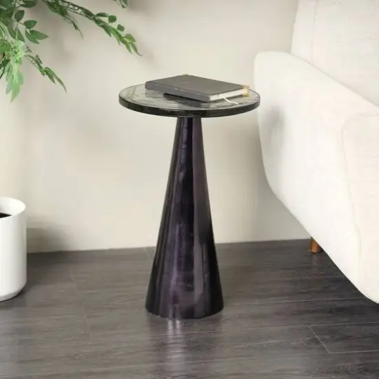 22" Black Aluminum Geometric Cone Accent Table with Textured Glass Tabletop {12}