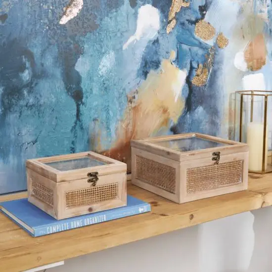 Light Brown Box with Glass Top & Rattan Side Panels Set {8}