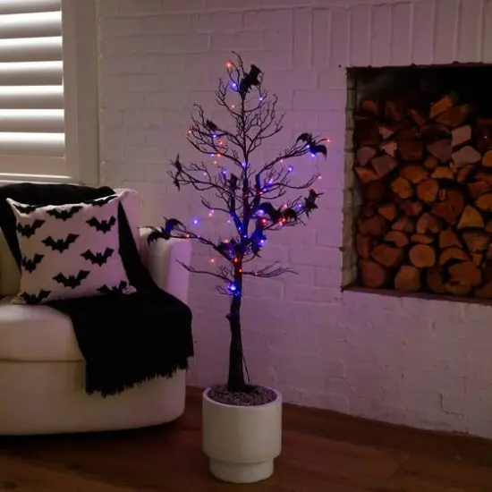 4ft. Pre-Lit Artificial Halloween Black Spooky Twig Tree with Bats and 120 Orange & Purple LED Lights {12}