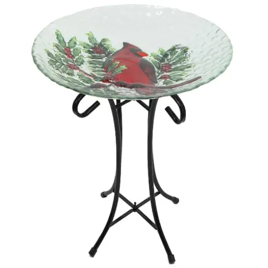 21" Red Cardinal & Pine Cone Glass Bird Bath with Stand {1}