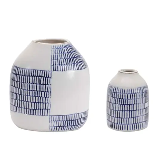 Blue Etched Ceramic Bud Vase Set {1}